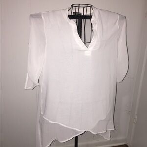 ChaCha Vente size large semi sheer mock wrap hi low convertible sleeves flowy‎